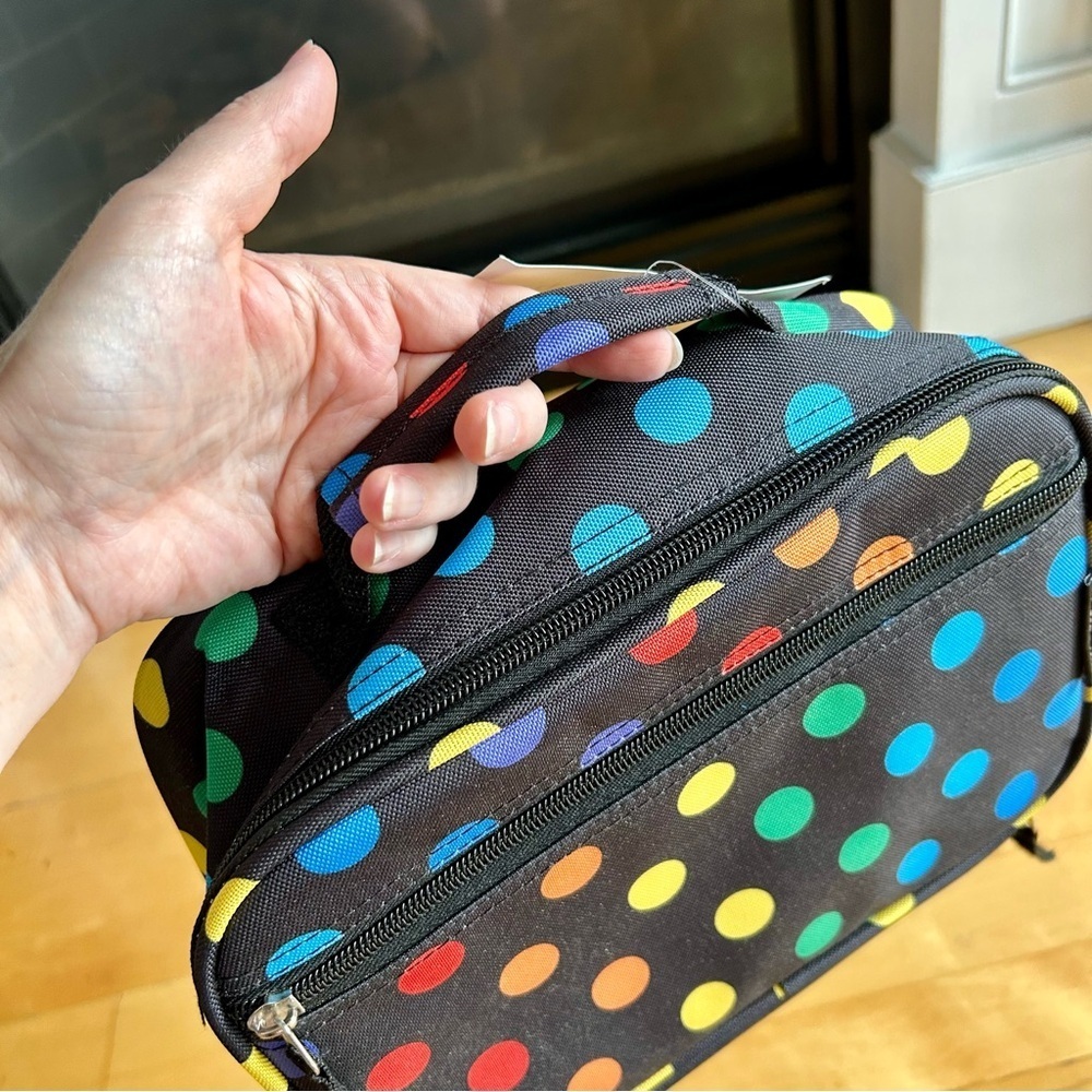 Travelers Club POLKA DOTS Insulated Lunch Cooler Bag, Rainbow, Black, 10 inches - Picture 9 of 17